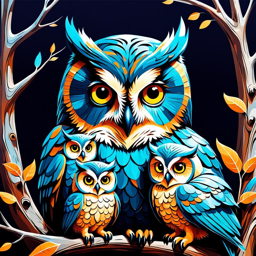 Abstract Mother Owl and Babies in Fine Detail