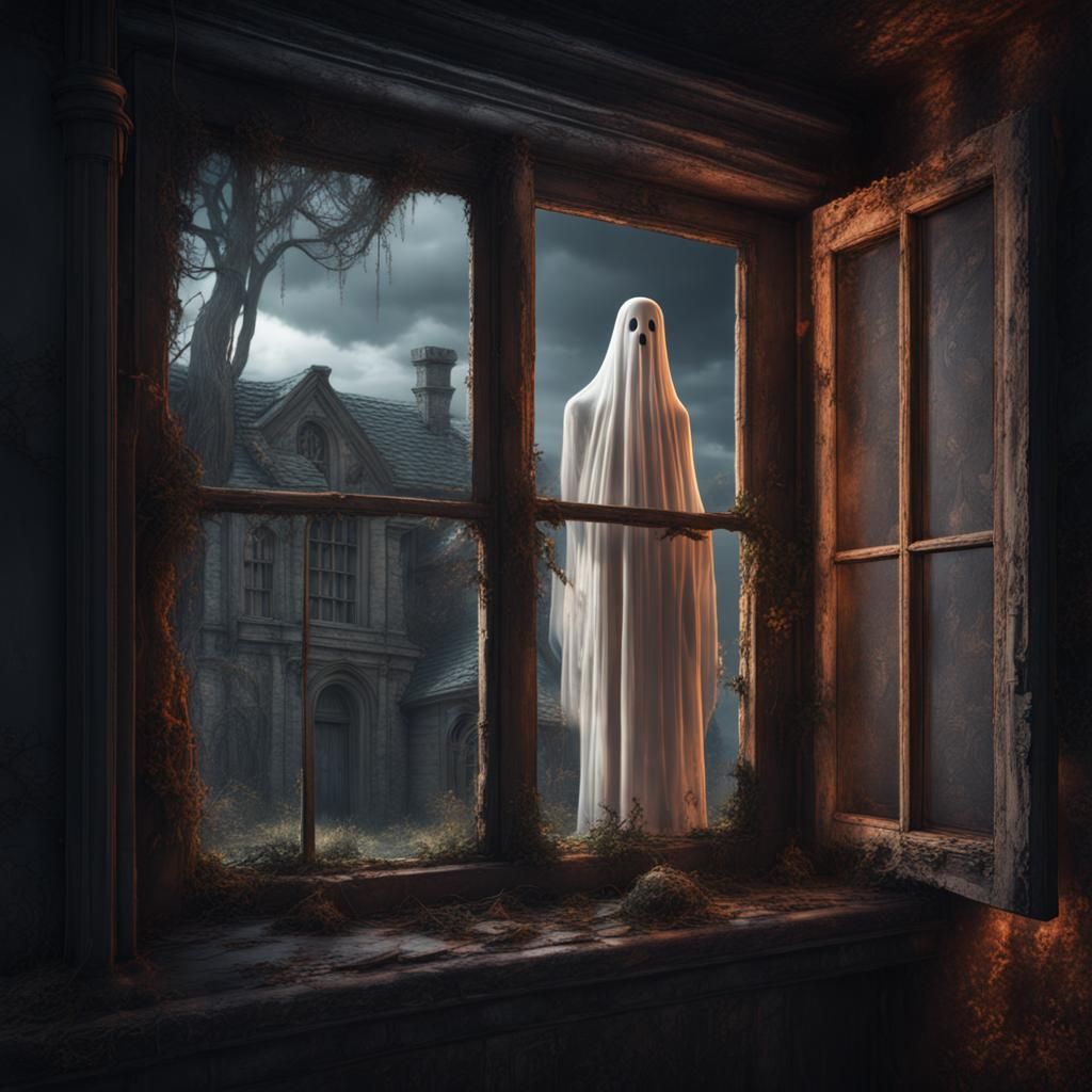Ethereal Ghost in Old House Window