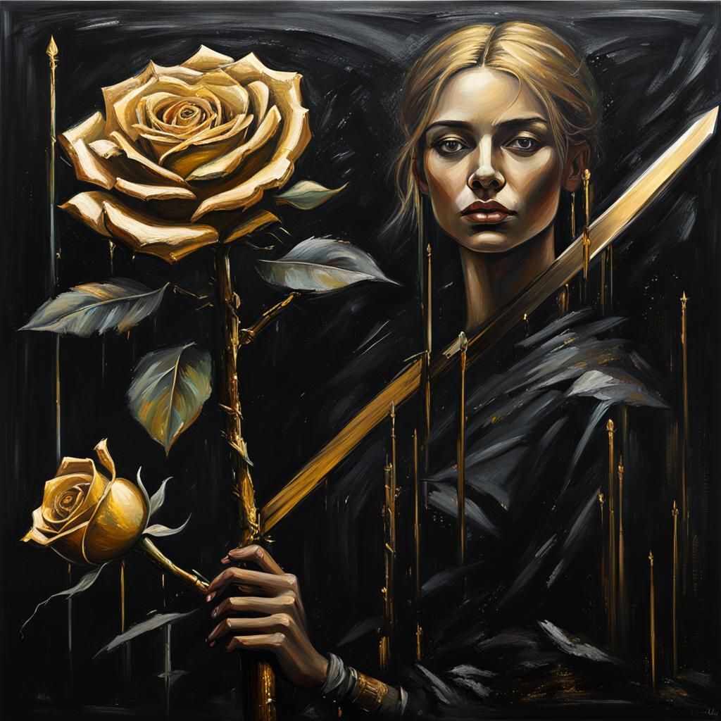 Queen of Swords Painting with Golden Highlights