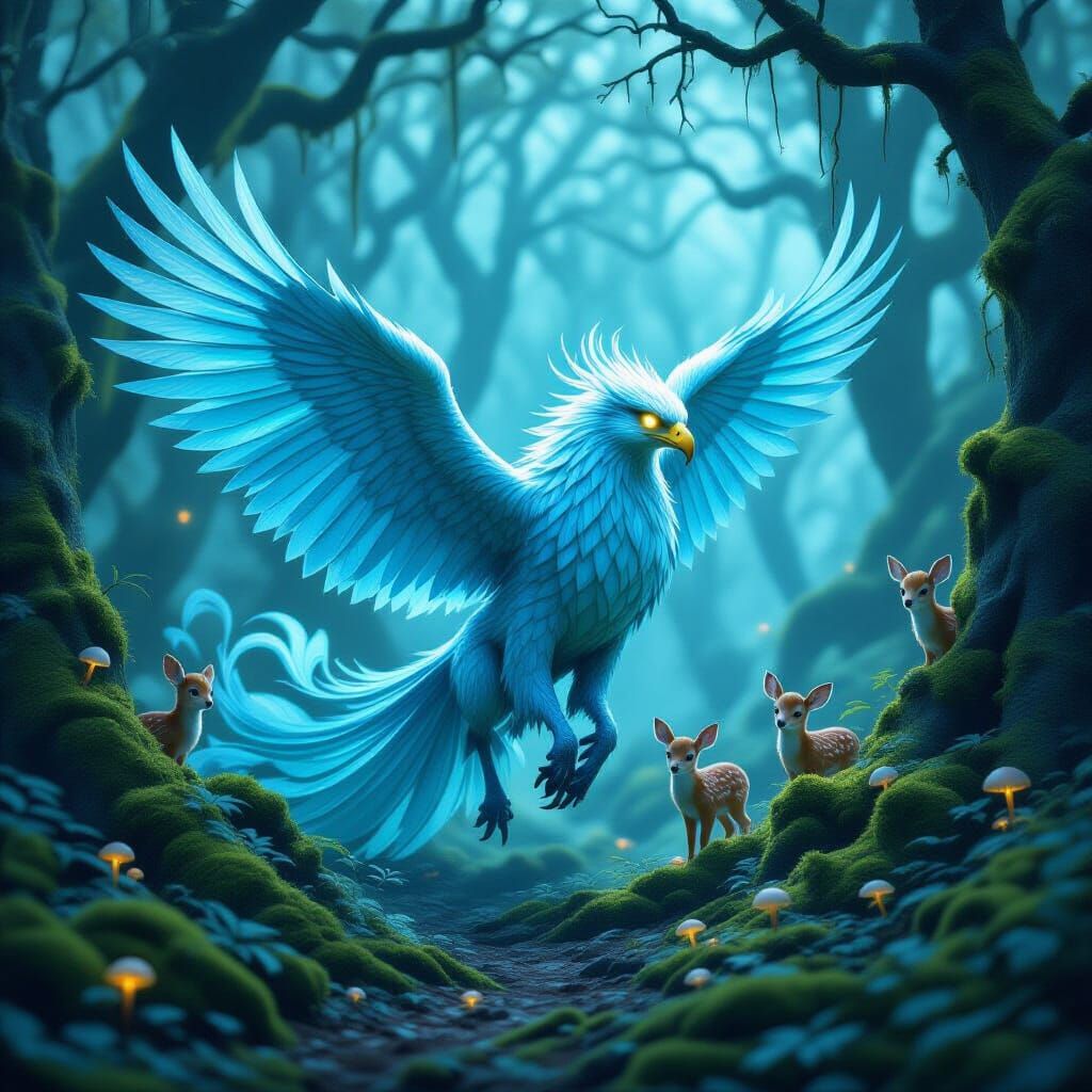 Majestic Griffin in Misty Forest with Shy Sprites