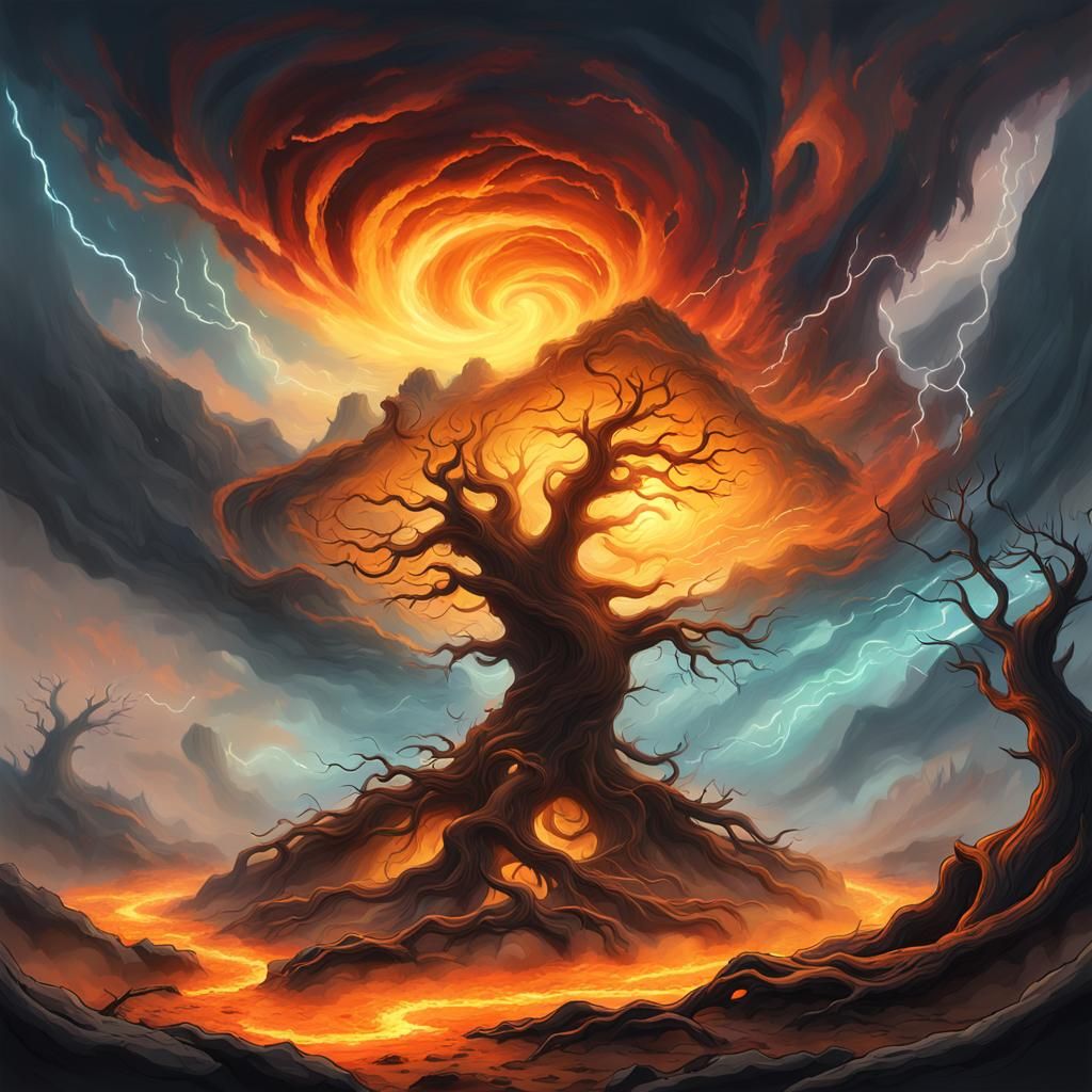 Mystical Landscape with Fiery Clouds, Digital Painting