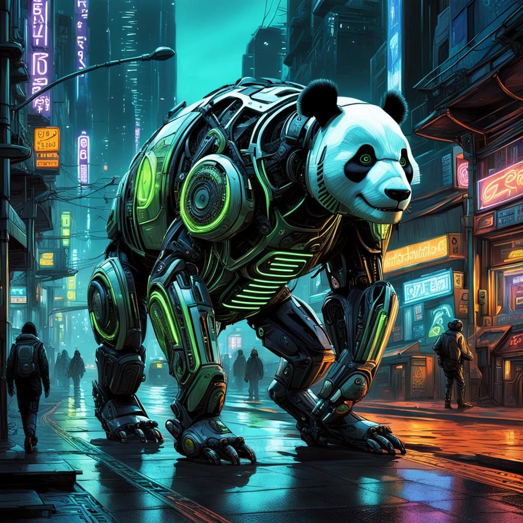 Cyberpunk Panda Stalks Neon Streets at Night