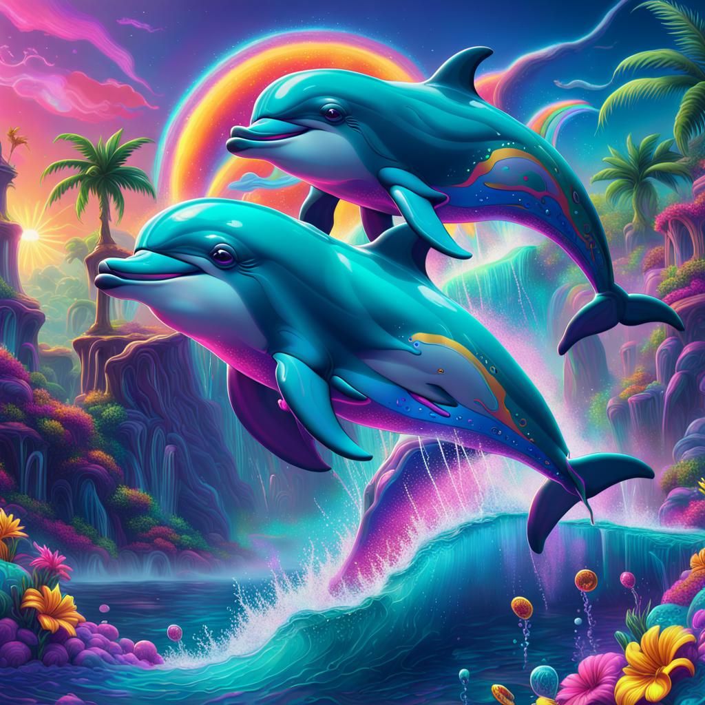 Vibrant Dolphins in Lisa Frank Style