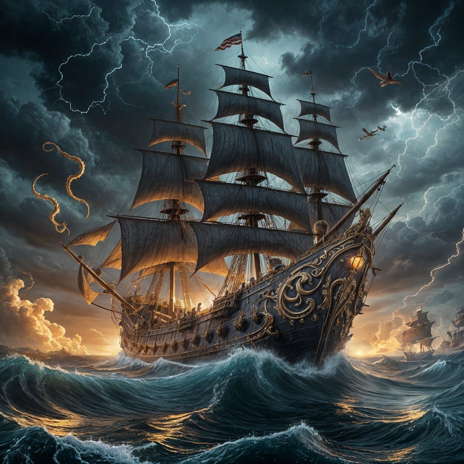 Gilded Galleon Battles Kraken in Turbulent Stormy Seas