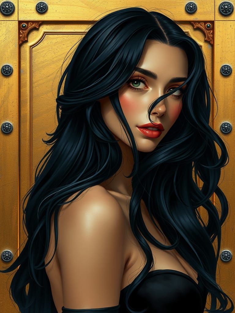 Lovely Woman with Black Hair in Gold Painting
