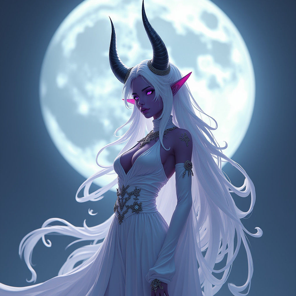 Tiefling Goddess with White Hair and Occult Jewelry