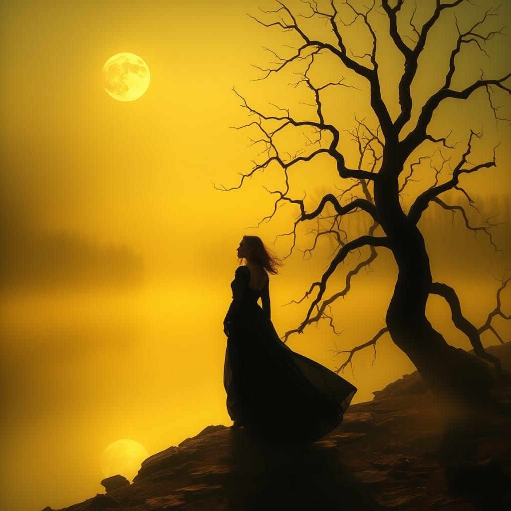 Dreamlike Surrealist Landscape with Moonlit Lake