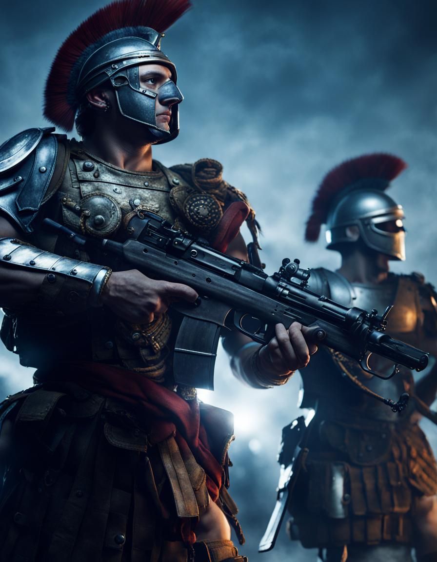Roman Warrior as Modern Soldier with Rifle