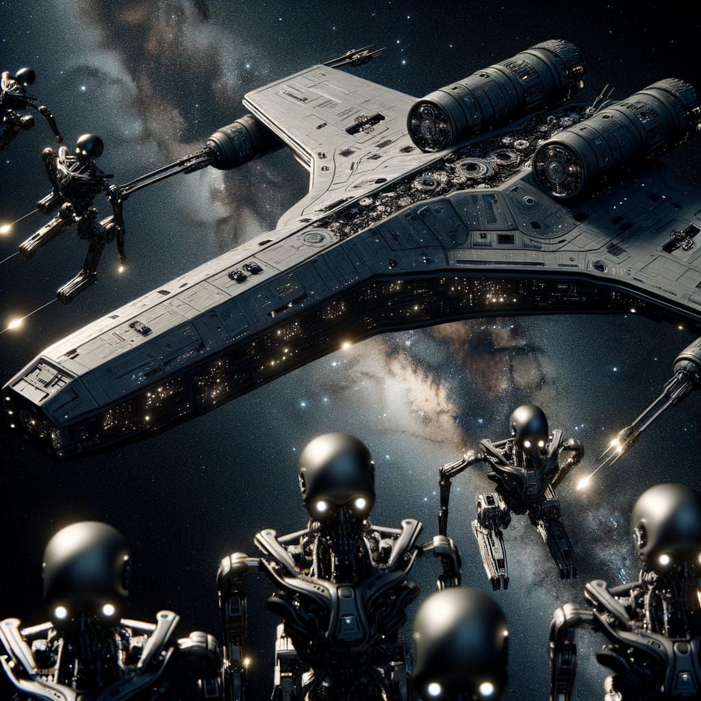 Mechanical Skulls Repair Futuristic Spaceship in Deep Space
