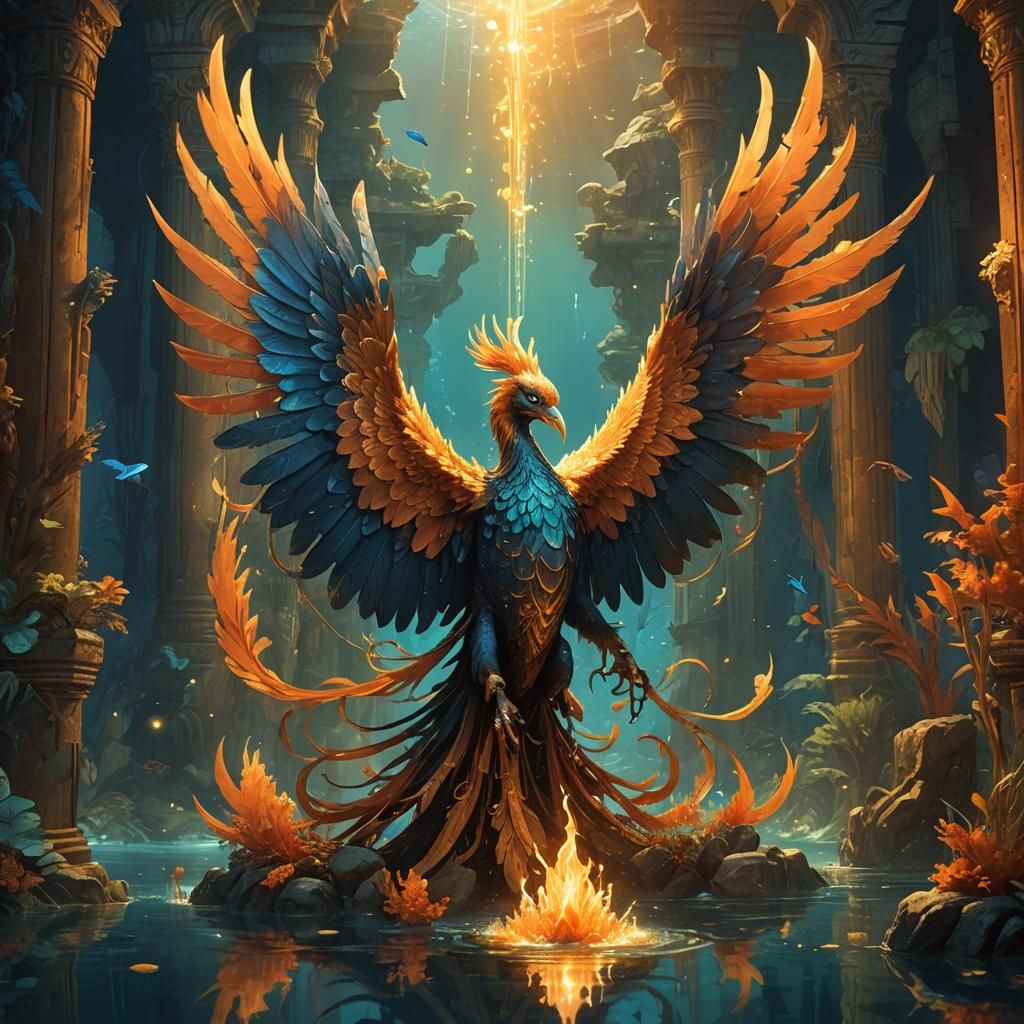 Underwater Phoenix in Sunken Temple: Fantasy Concept Art