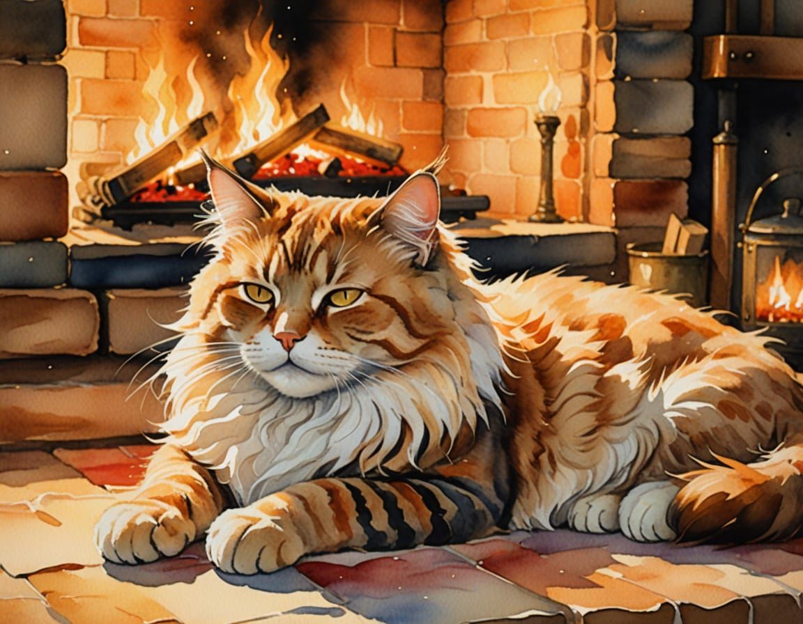 Surreal Watercolor of Feline Serenity by Fireplace