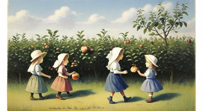 Children Picking Apples, Fairy Art Style