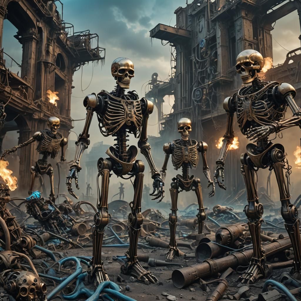 Robotic Warriors Clash with Steampunk Skeletons