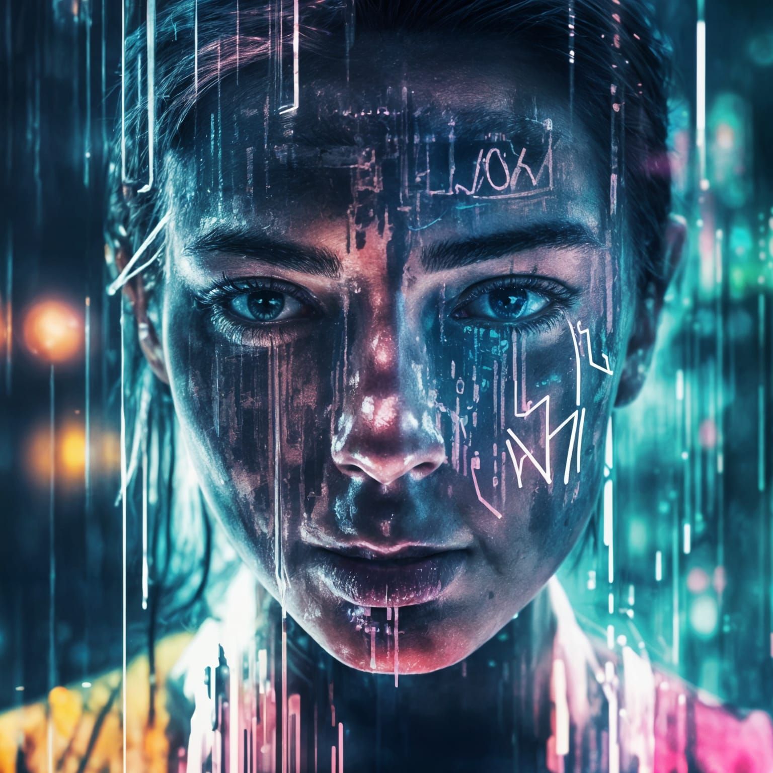 Surreal Cyberpunk Female Face in Glitching Water Typography
