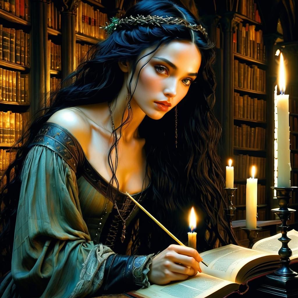 Medieval Woman in Library, Botticelli Style