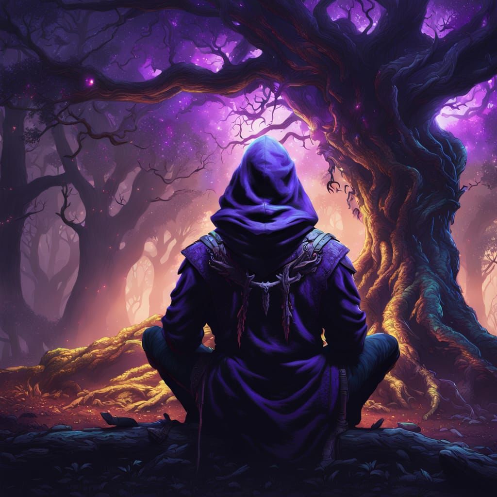Hooded Figure with Glowing Eyes, Detailed Matte Painting