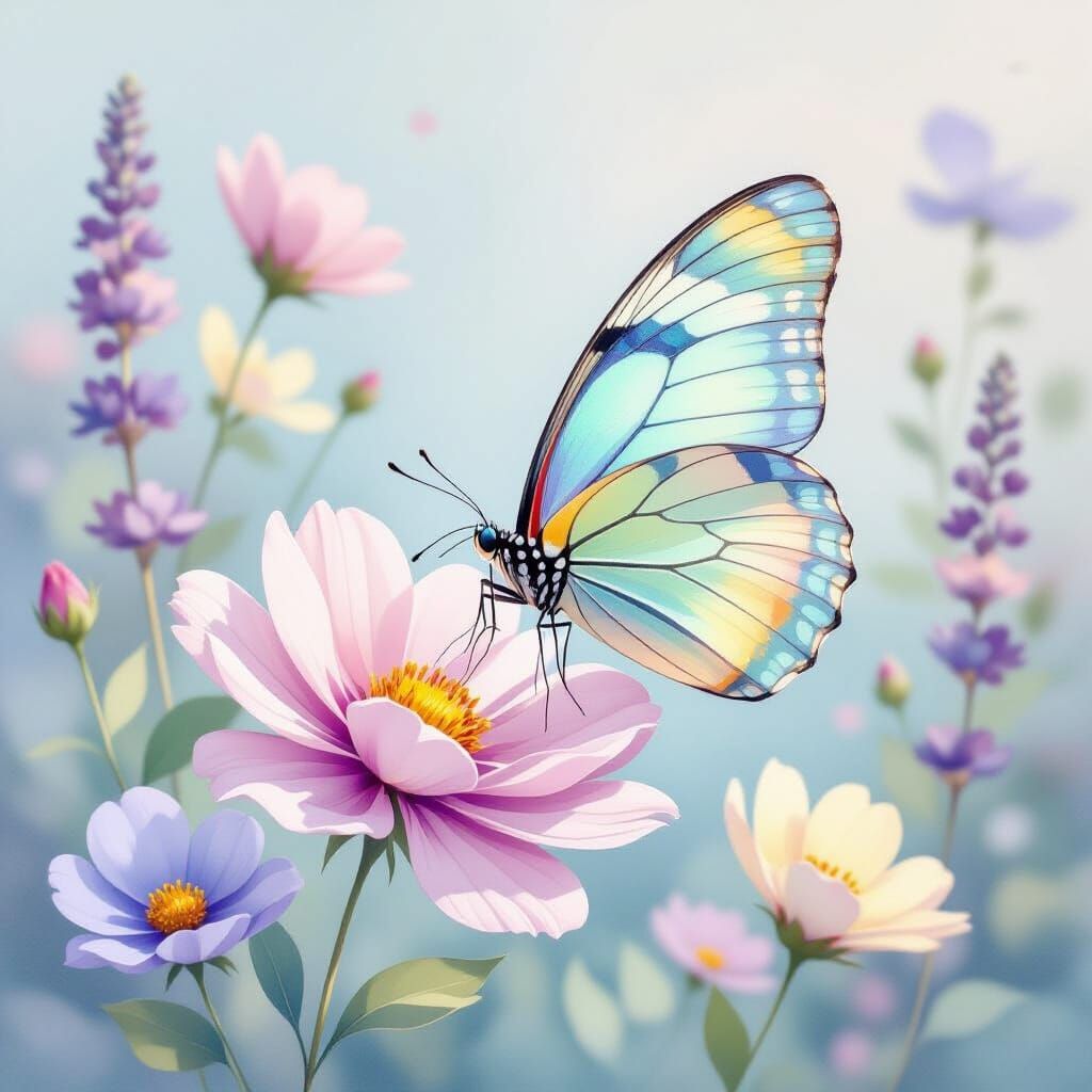 Ethereal Pastel Butterfly and Flowers in Watercolor Style