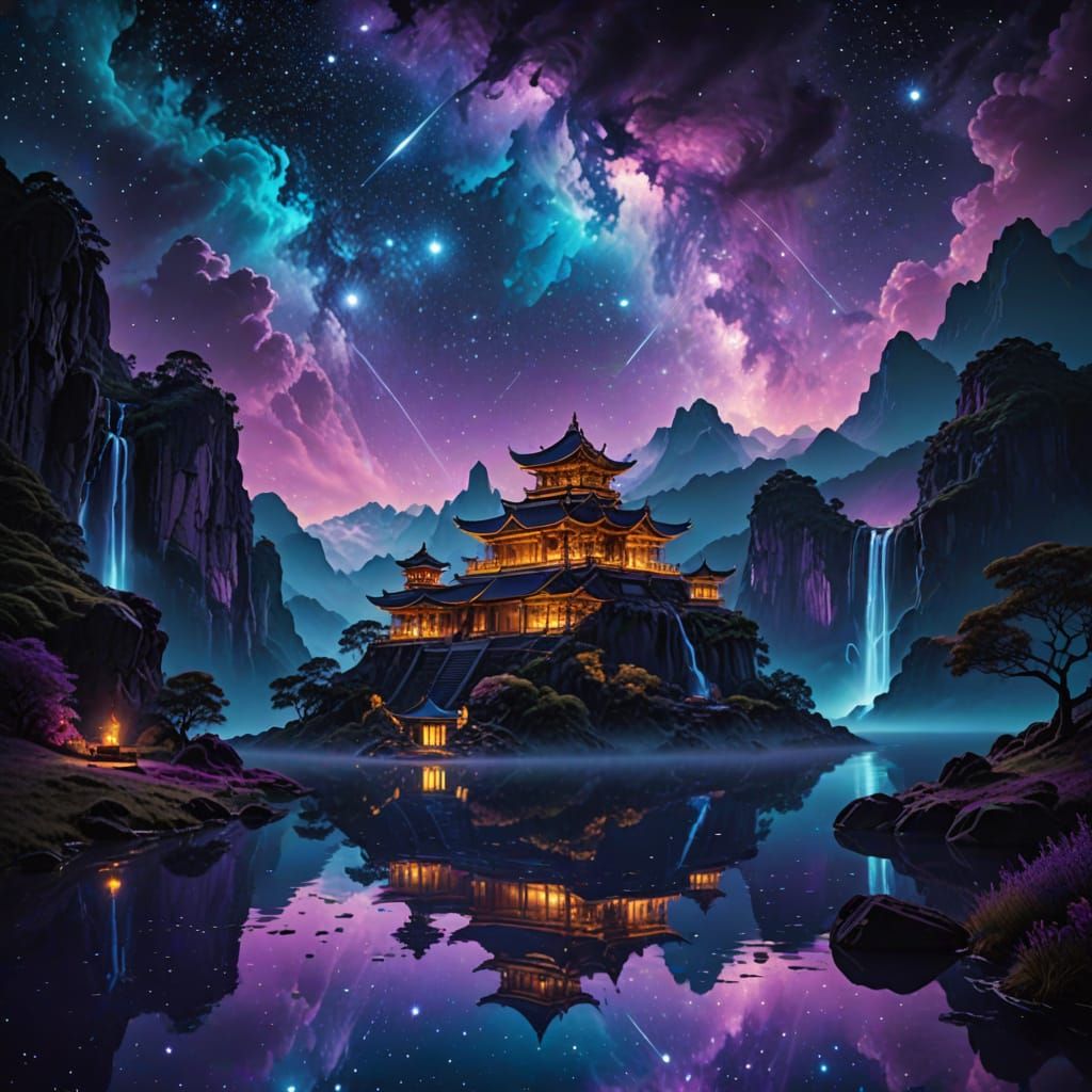 Ethereal Dreamscapes: Vibrant Cosmic Island with Ancient Tem...