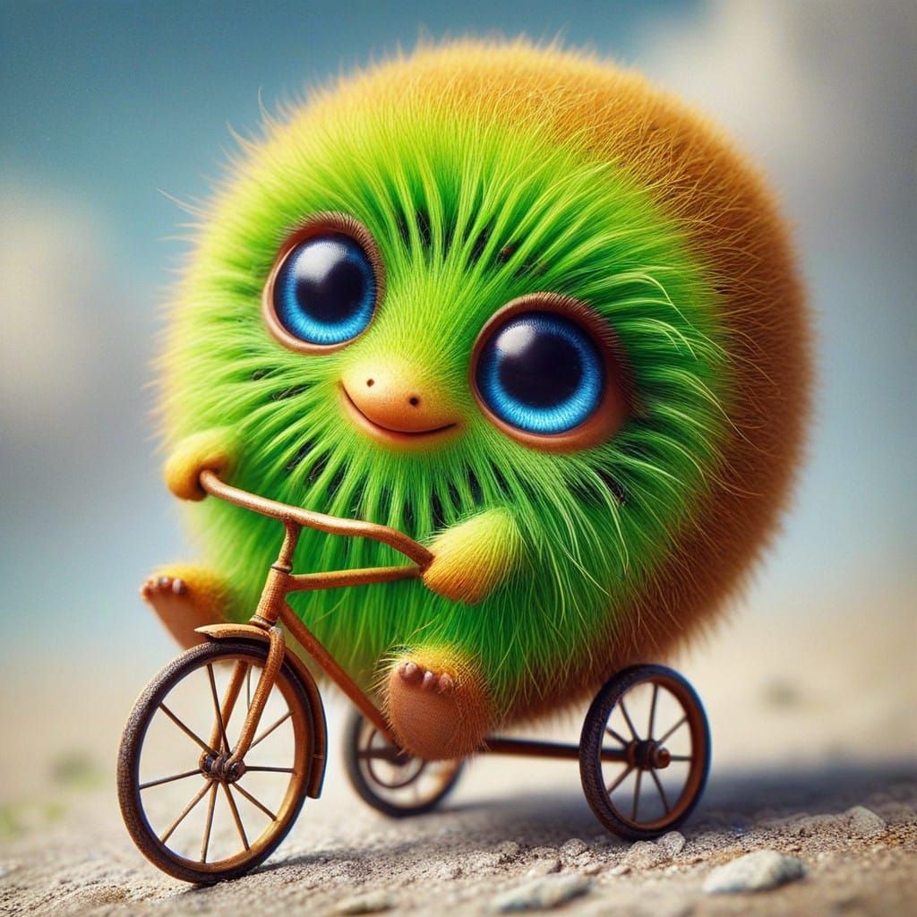 Vibrant CGI Kiwi Rides Miniature Bicycle