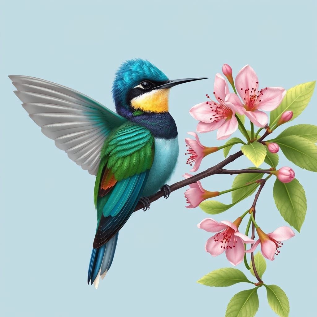 Emerald Hummingbird Botanical Illustration with Cherry Bloss...