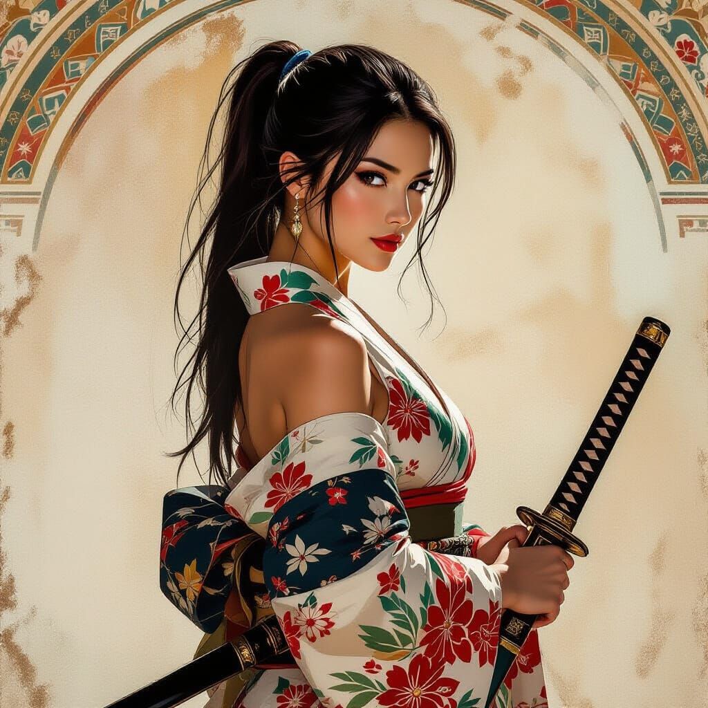 Renaissance Japanese Woman With Katana, High Renaissance Sty...
