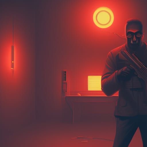 Hyperrealistic Man in Dark Motel with Gun