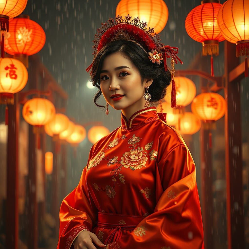 Chinese Woman in Traditional Silk Under Heavy Rain