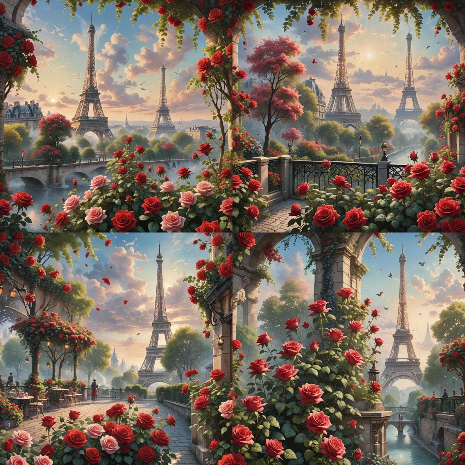 Paris Summer Scene with Roses in Fantasy Style