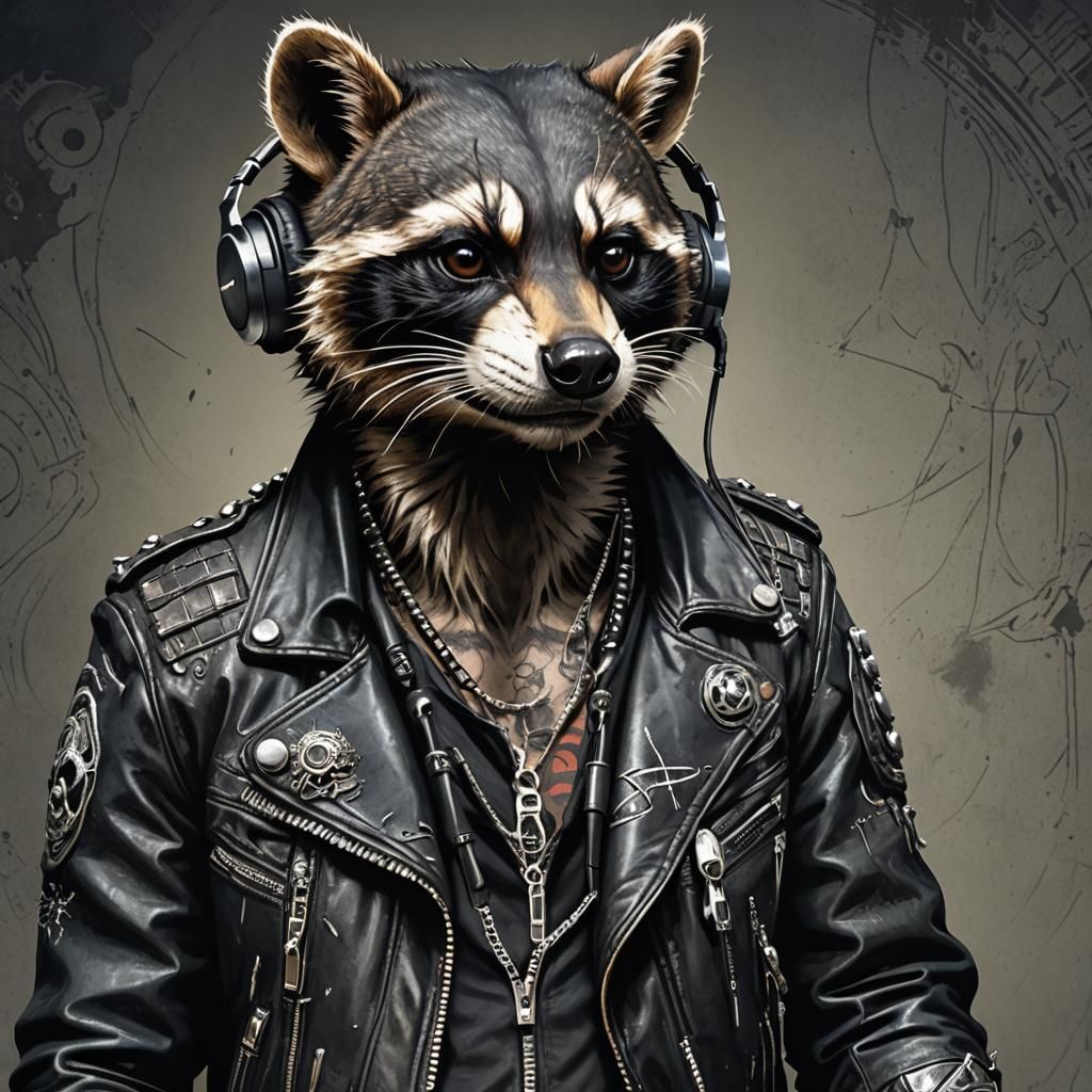 Anthropomorphic Raccoon Listens to Music in Dark Fantasy Sty...