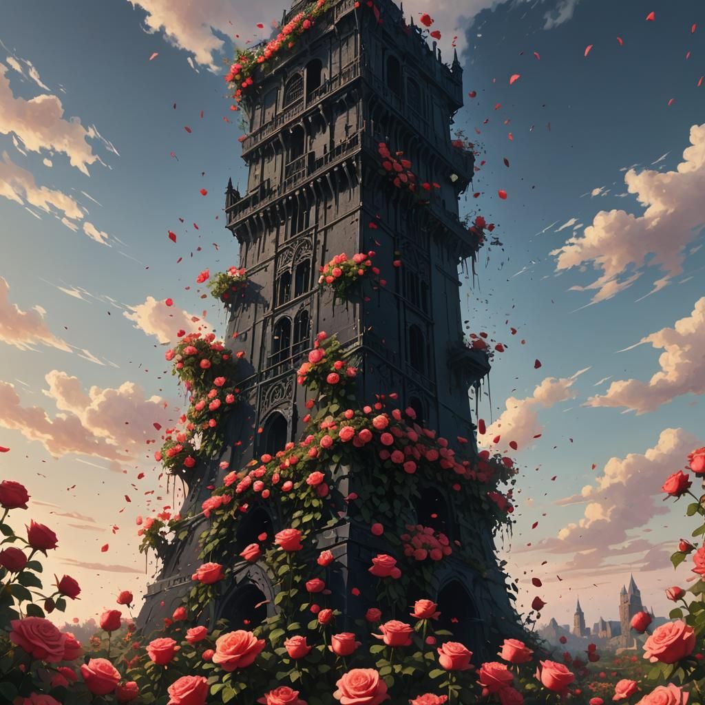 Black Tower Amidst Roses: Hyperrealistic Concept Art
