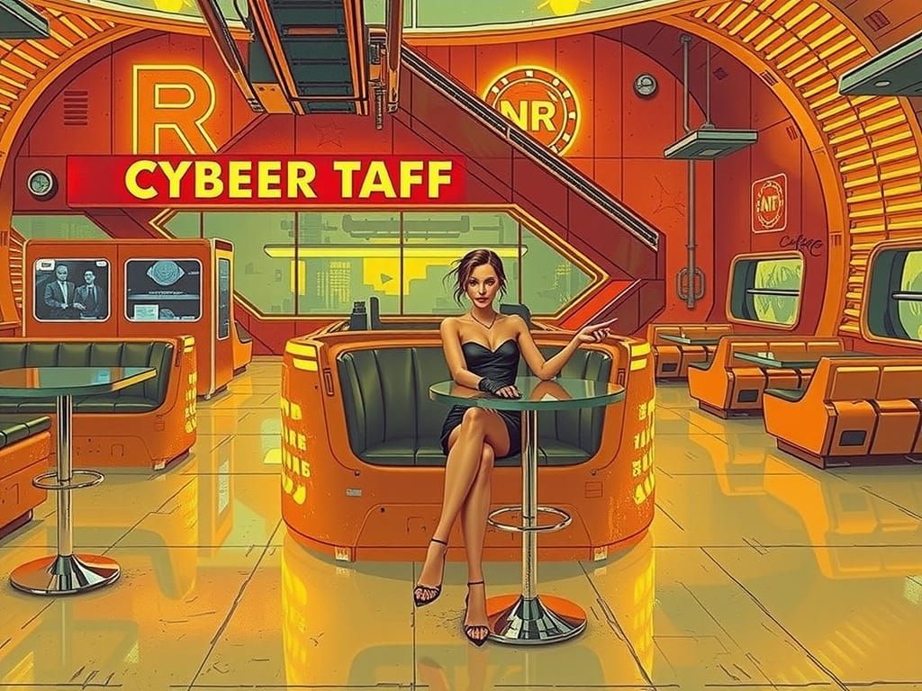 Cyberpunk Cafe Scene with Woman in Jumpsuit