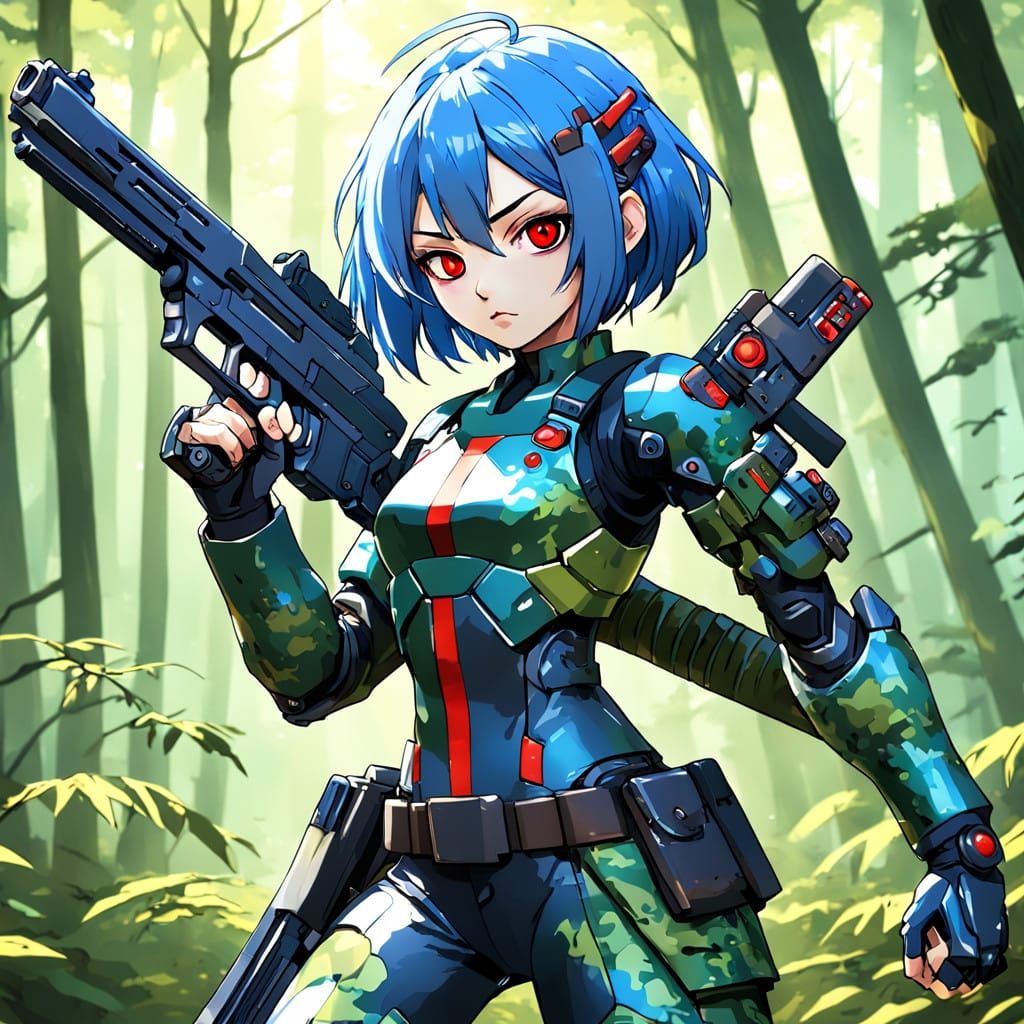 Cyborg Kunoichi in Futuristic Anime Style with Red Eyes and...