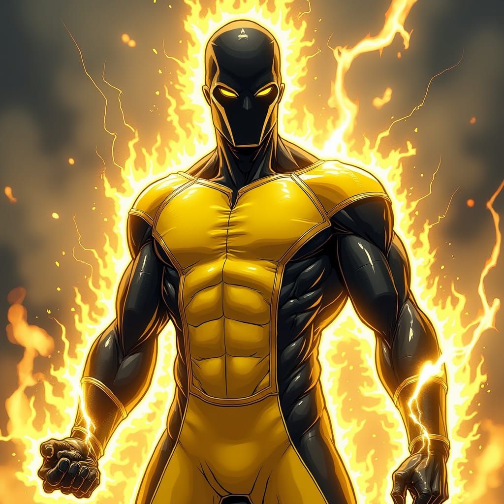 Obsidian Man Radiating Golden Energy in Comic Book Style