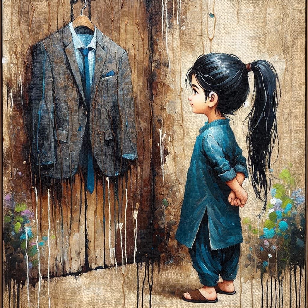 Young Boy Admires Elegant Suit on Vintage Door in Naturalist...