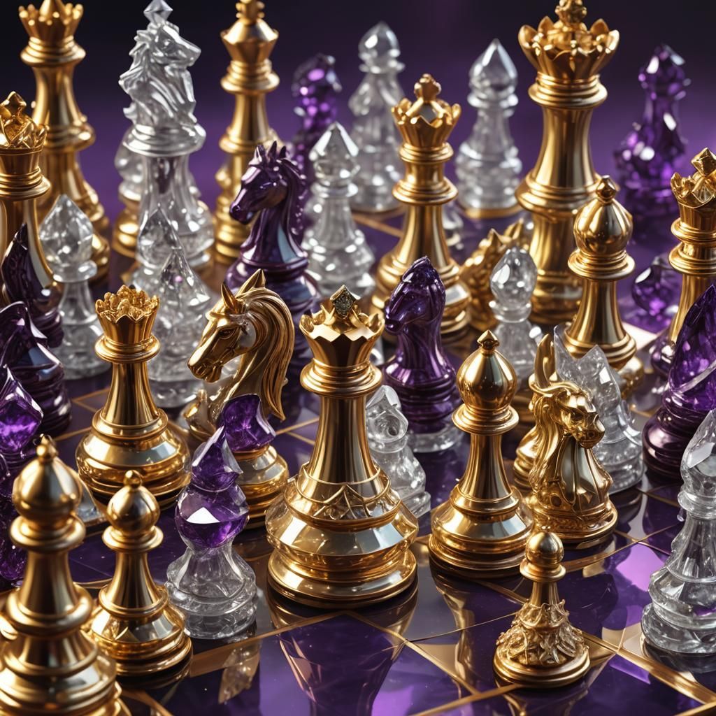 Crystal Chess Set on Golden Board in UE5 Style