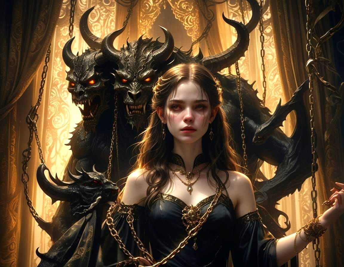 Girl holds demon on a leash...