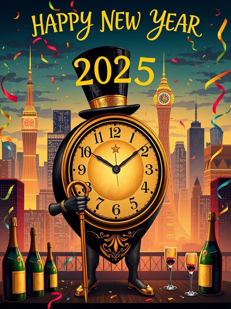 Golden Clock Celebrates New Year 2025 in Art Deco Style