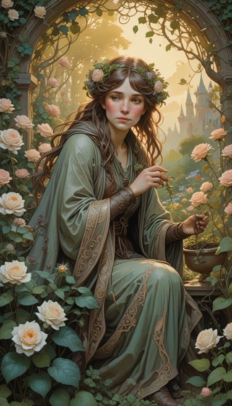 Enchanted Halfling Gardener in Whimsical Fantasy Garden