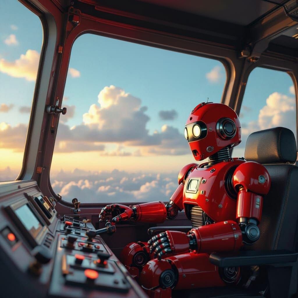 Vintage Toy Robot Pilots Blimp Through Sunset Sky