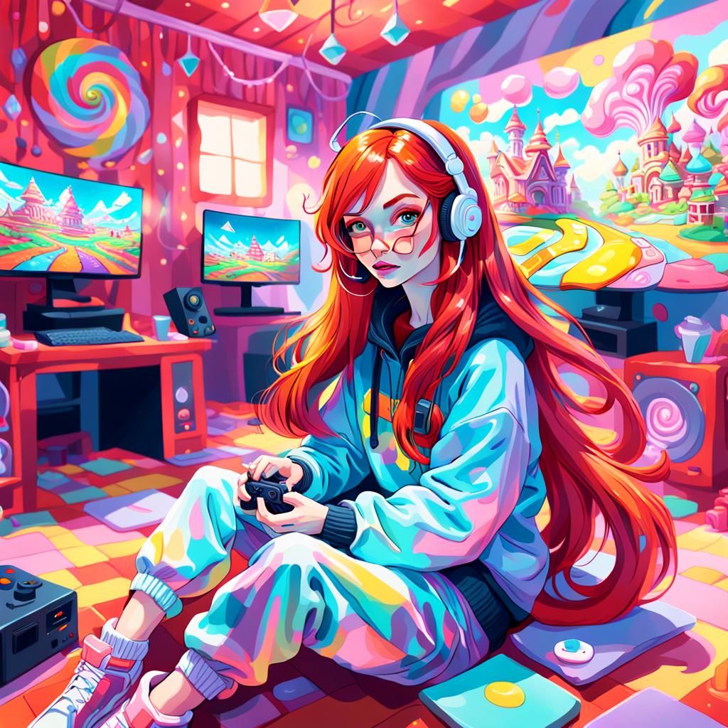 Vibrant Gouache of Gamer Girl in Candyland Wonderland