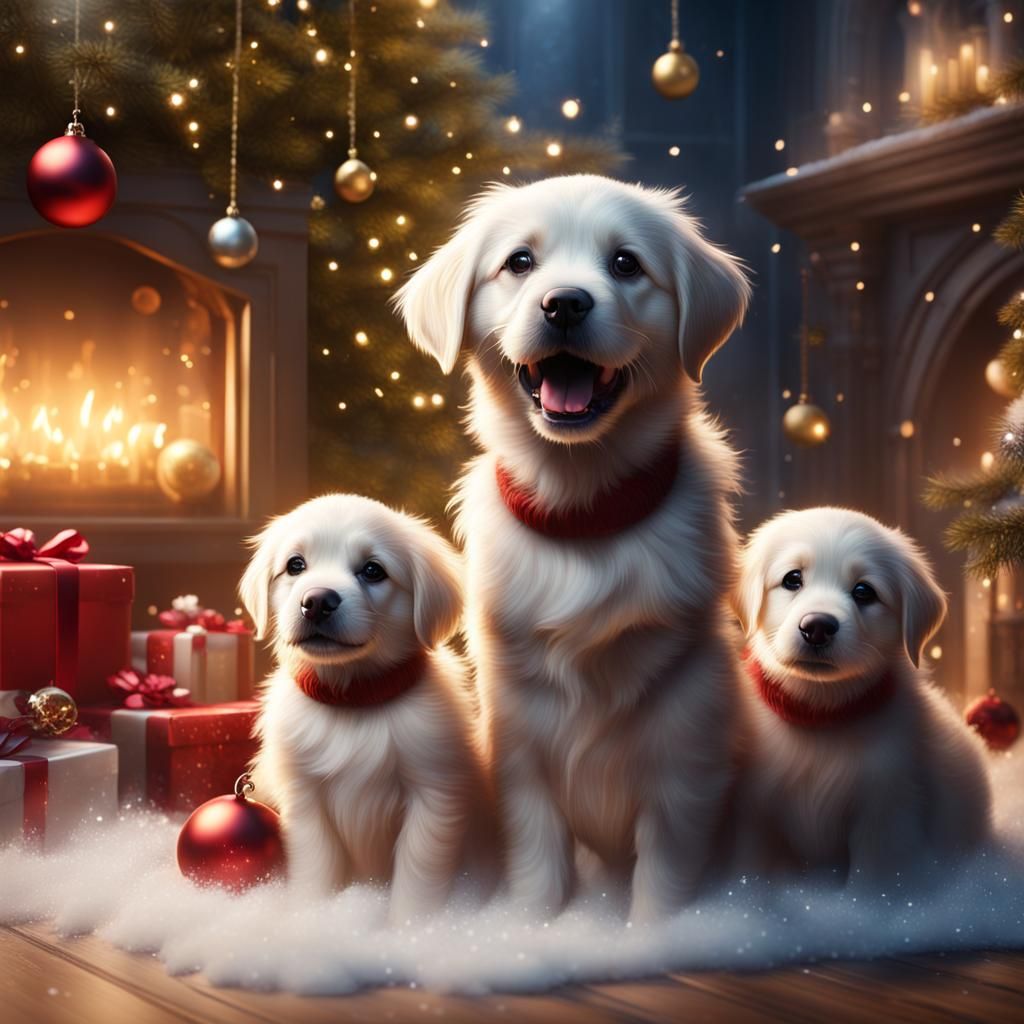 Puppies Playing in a Magical Christmas Dreamscape