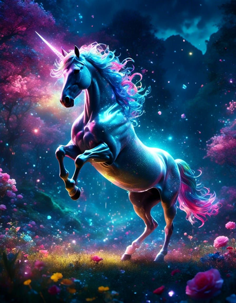 Magical Rainbow Unicorn in Dark Field