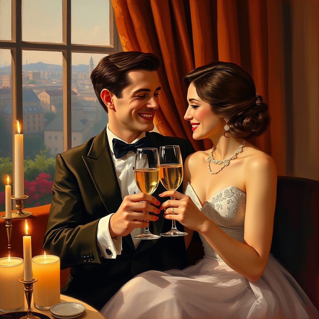 Elegant Couple Celebrating: French Impressionism Style
