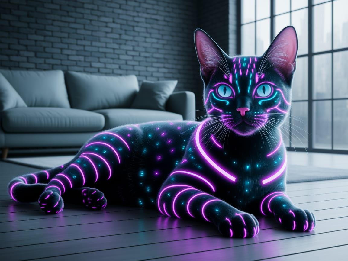 Neon Cyberpunk Cat in Futuristic Living Room