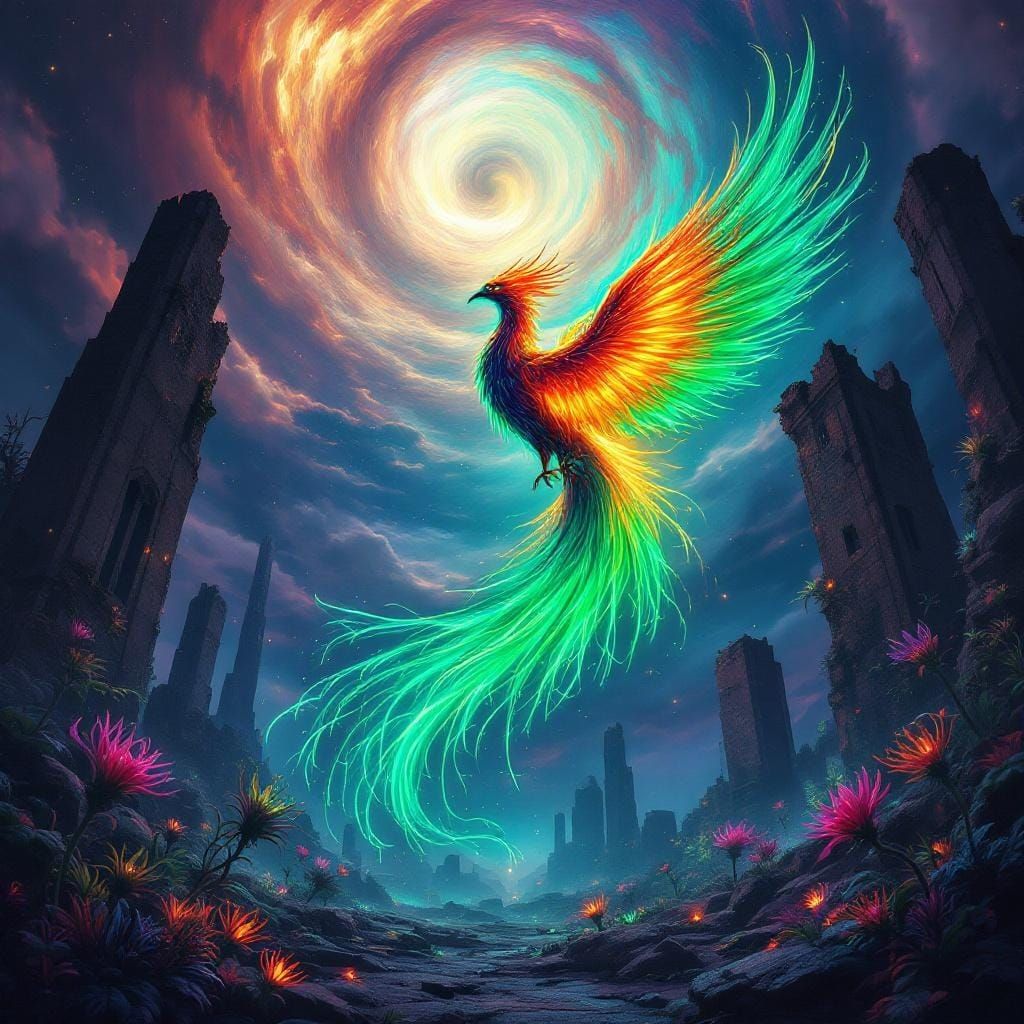 Neon Phoenix Rising in a Dreamlike Landscape