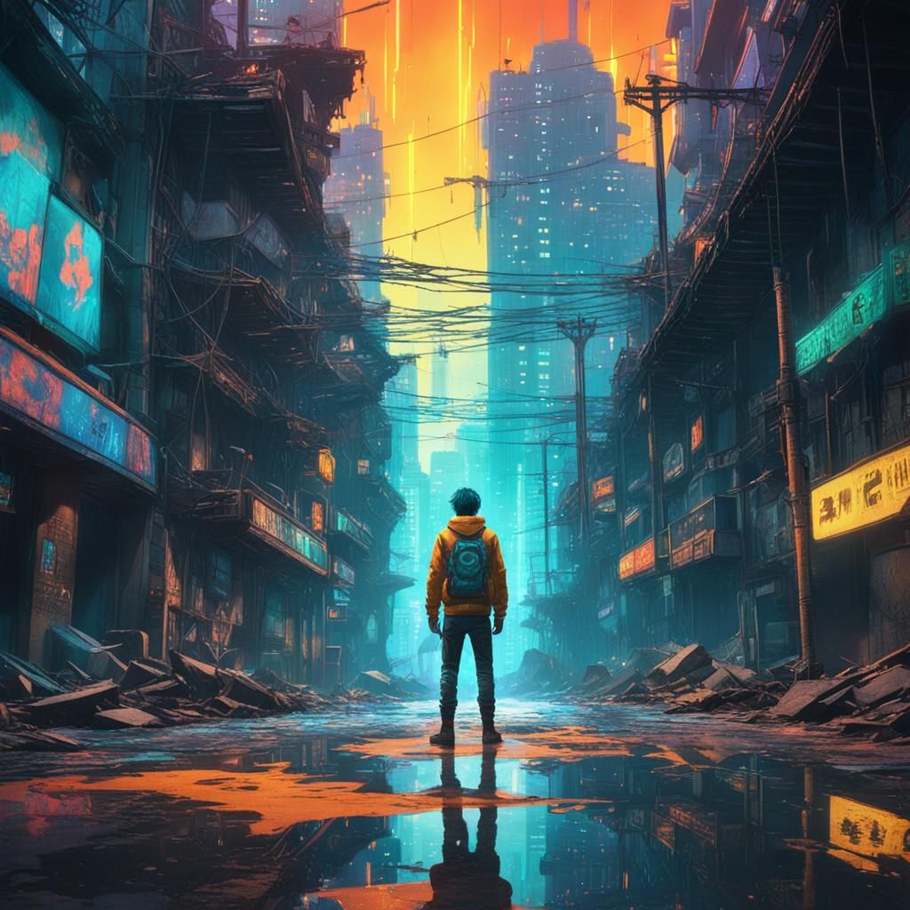 Dystopian Dreamcore Cityscape in Anime Style