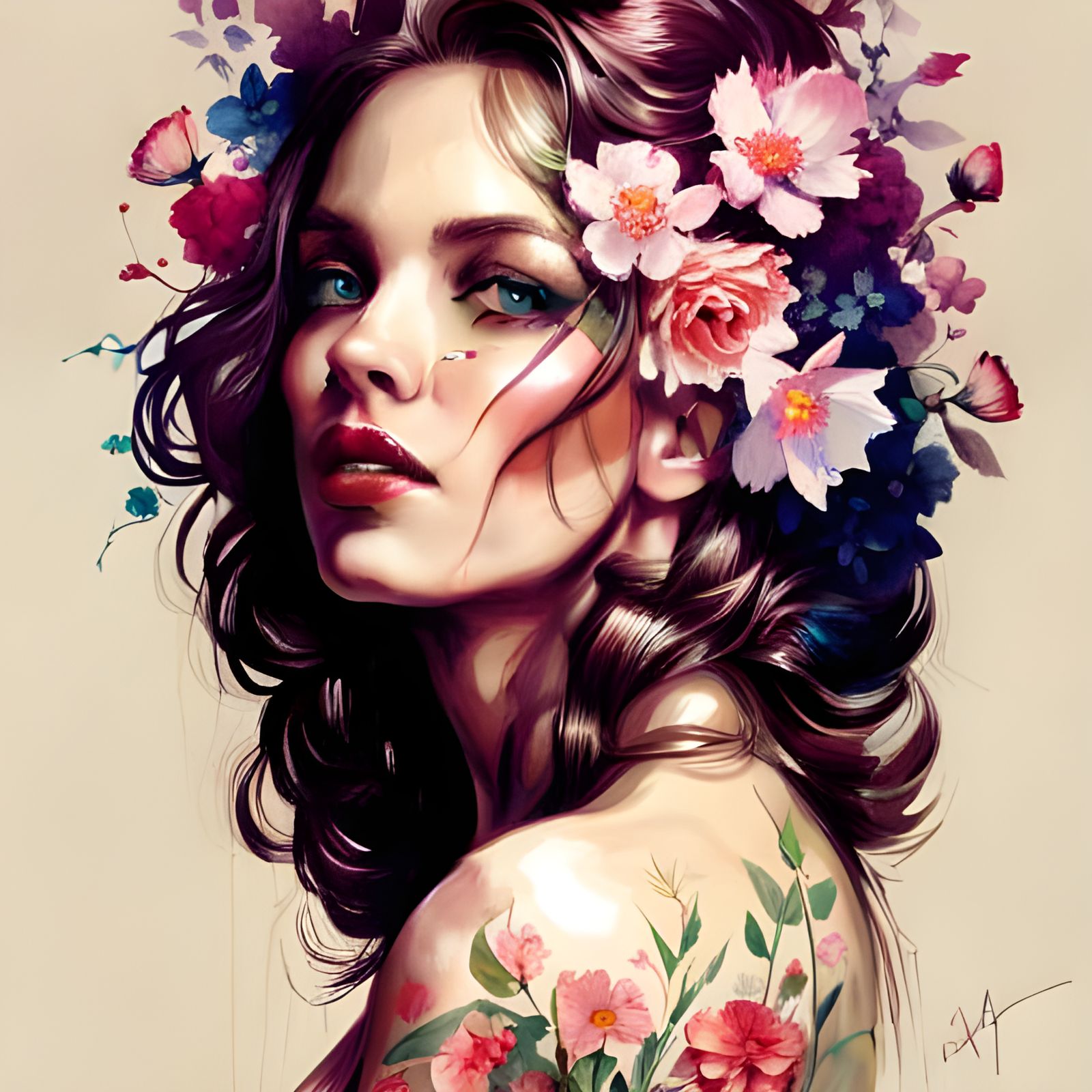 Floral Adorned Woman in Pin-Up Style