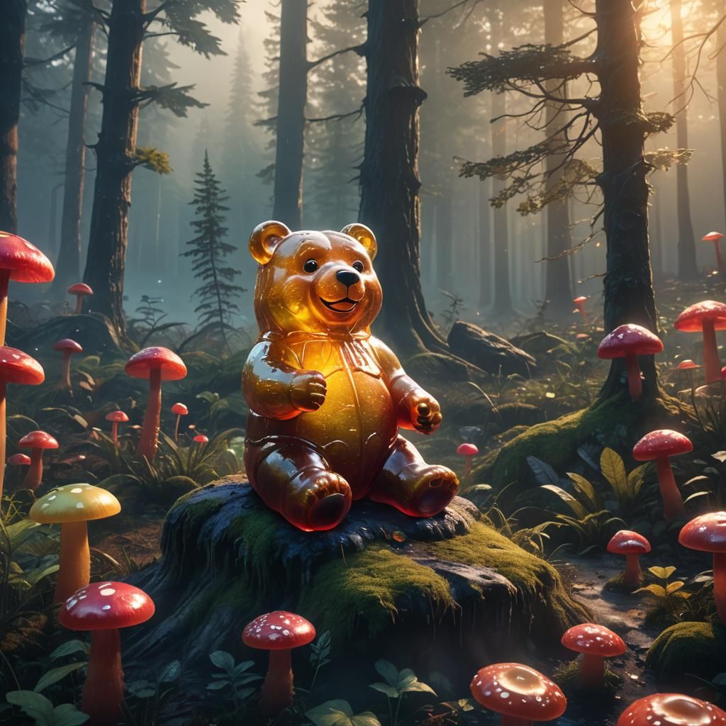 Giant Gummy Bear in Misty Forest, Digital Art