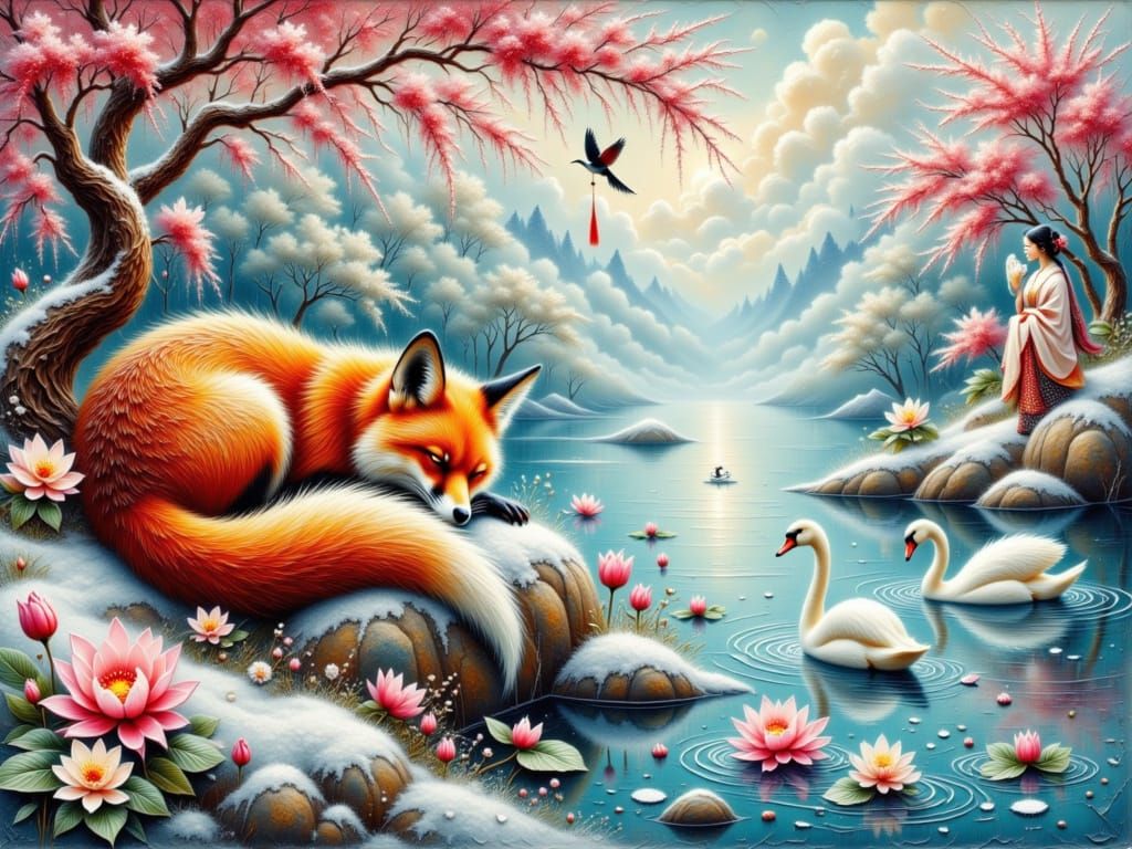 Crimson Fox Sleeps in Snowy Chinese Landscape