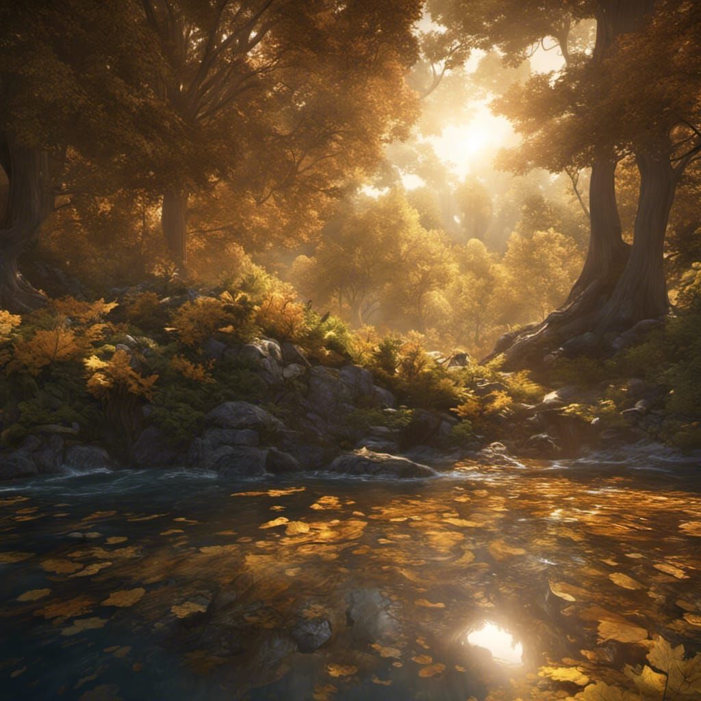 Leaf Ascends into Sunlit Forest: Fantasy Concept Art
